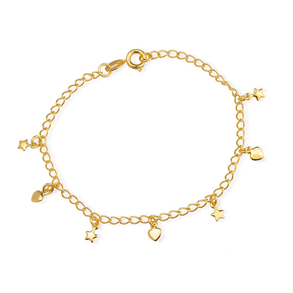 Pulseira Dourada com Pingentes de Coração e Estrela - Banho de Ouro 24k para revenda | Hub Joias