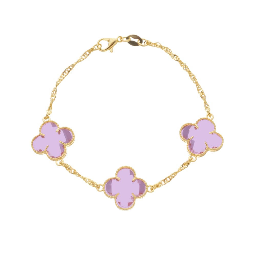 Pulseira Dourada Trevos Zircônia Rosa - Banho de Ouro 24k para revenda | Hub Joias