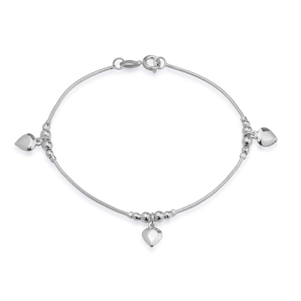 Pulseira Prateada Lisa com 3 Pingentes de Coração - Banho de Ródio para revenda | Hub Joias