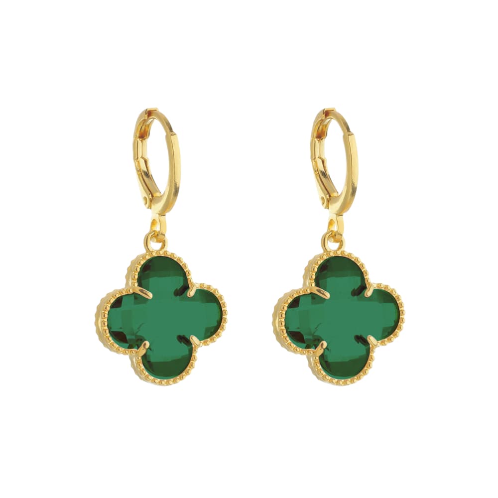 Brinco Dourado de Trevo com Zircônia Verde - Banho de Ouro 24k para revenda | Hub Joias
