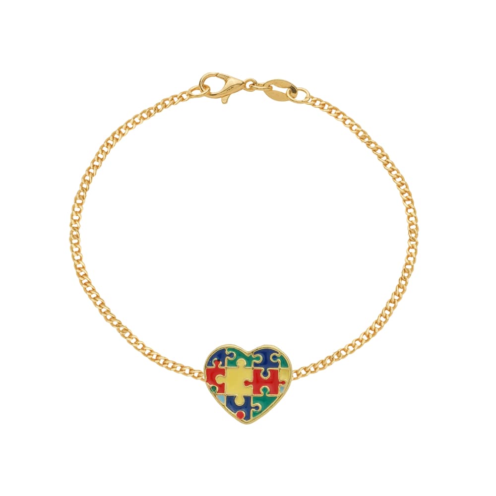 Pulseira Dourada Autismo Formato Coração - Banho de Ouro 24k para revenda | Hub Joias