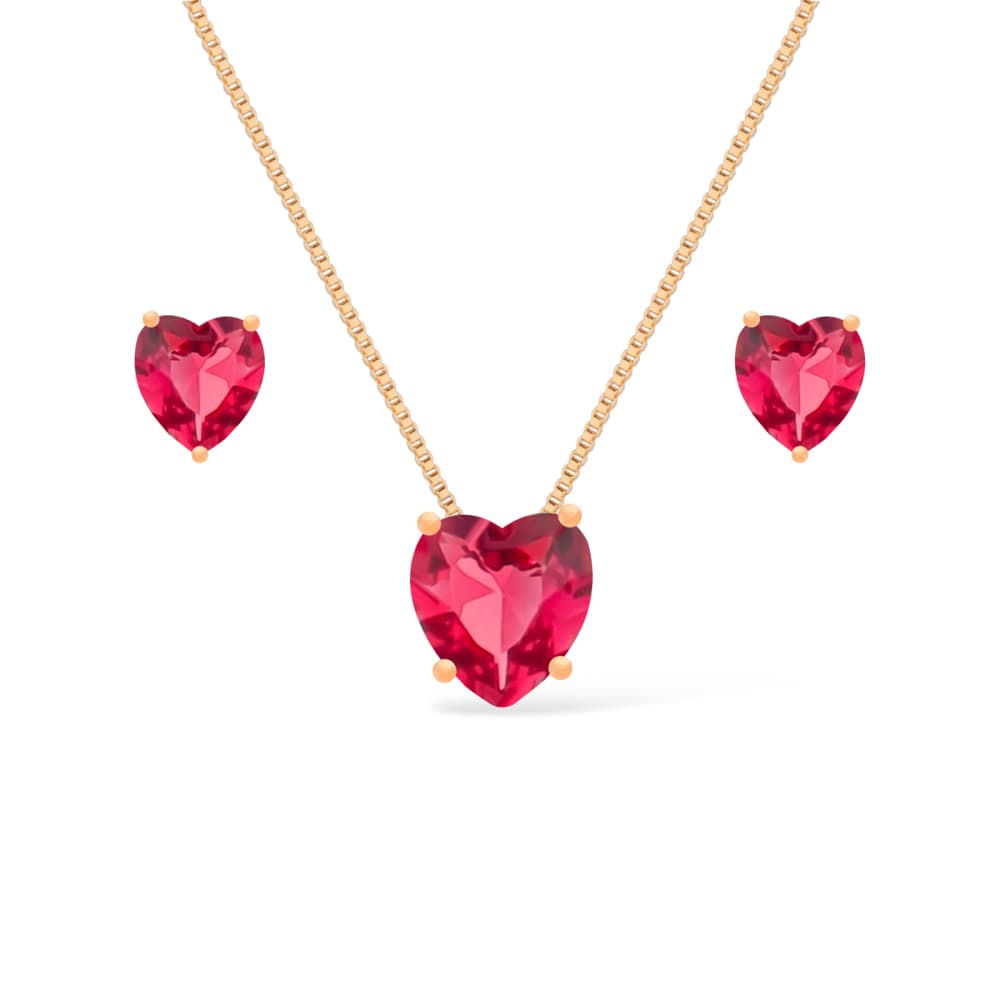 Conjunto Dourado de Coração Vermelho - Banho de Ouro 24k para revenda | Hub Joias