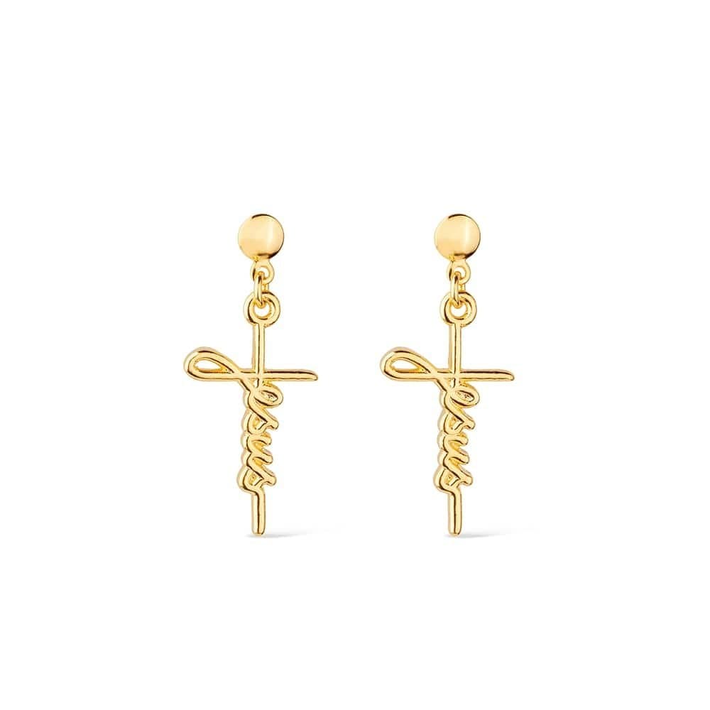 Brinco Dourado de Cruz com a palavra Jesus - Banho de Ouro 24k para revenda | Hub Joias