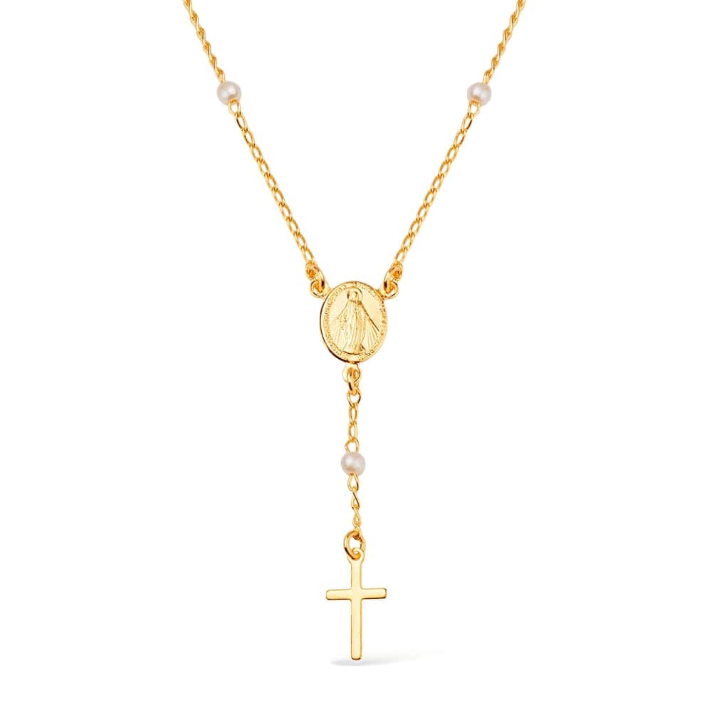 Colar Dourado Religioso Terço Cruz e Pérolas - Banho de Ouro 24k para revenda | Hub Joias