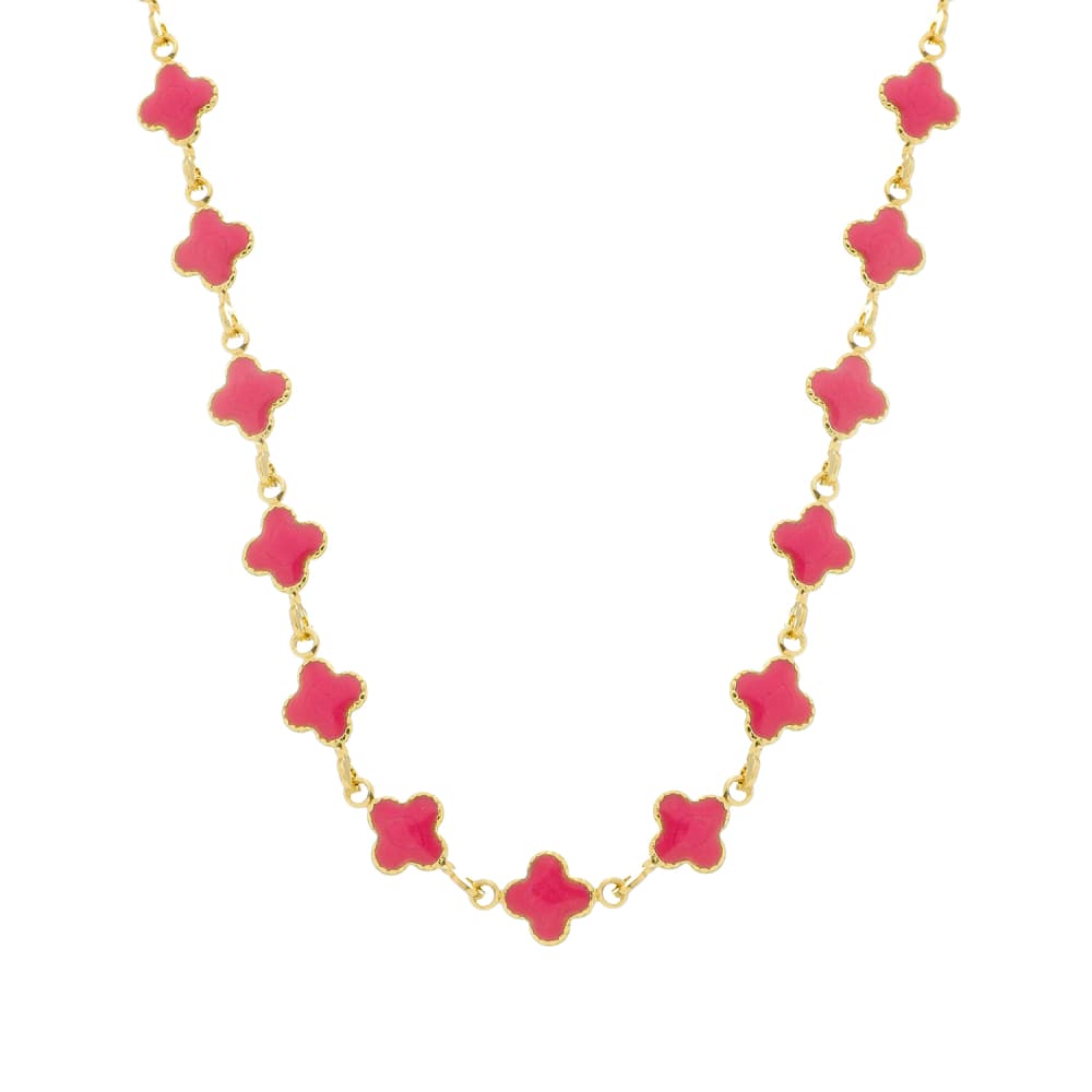 Colar Dourado de Trevos Rosas - Banho de Ouro 24k para revenda | Hub Joias